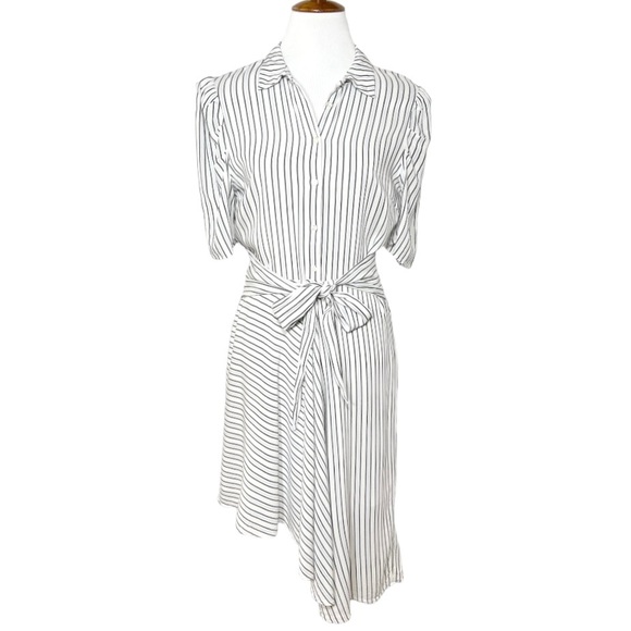 1. State White Pinstripe Tie Waist Asymmetrical High Low Short Sleeve Shittdress - Picture 2 of 12